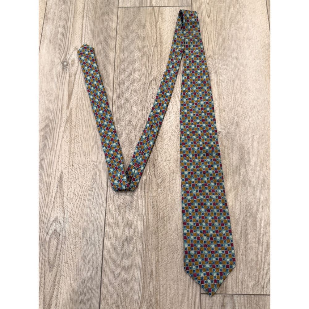 Ermenegildo Zegna Mens Silk Tie Geometric Mosaic Gold Burgundy Teal Italy 57 in